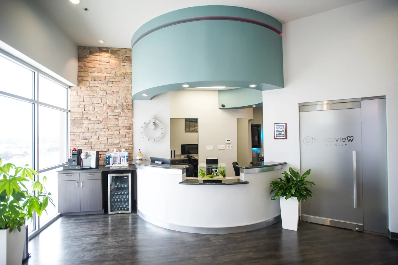 The front desk and reception area at Waterview Dentistry
